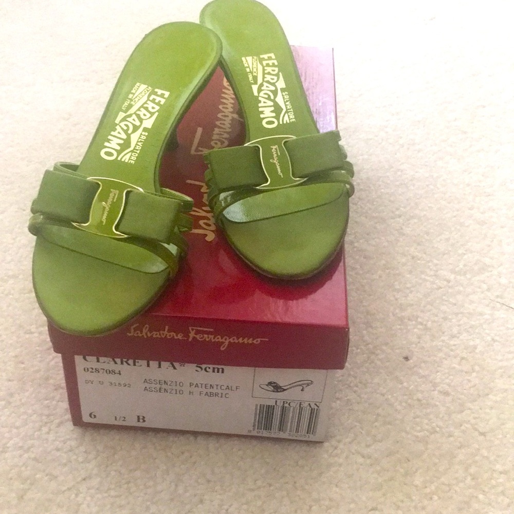6.5 Ferragamo ‘avocado’ green mule sandals with 2” kitten heel